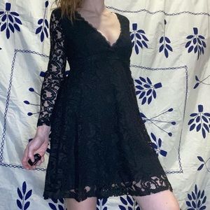 Kimchi Blue black lace dress mesh mini long sleeves v neck cleavage floral